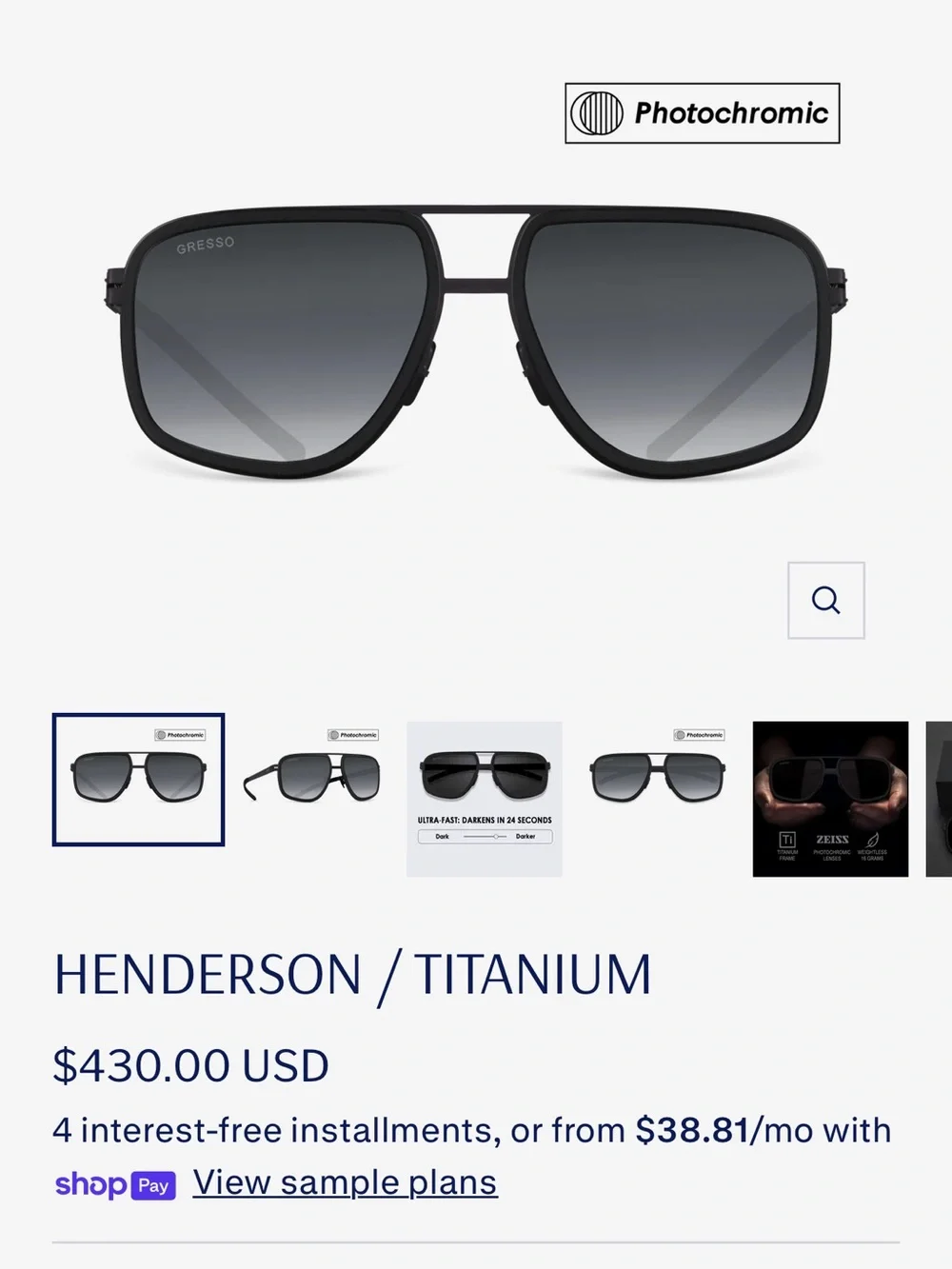 NWOT Gresso Henderson/Titanium Sunglasses